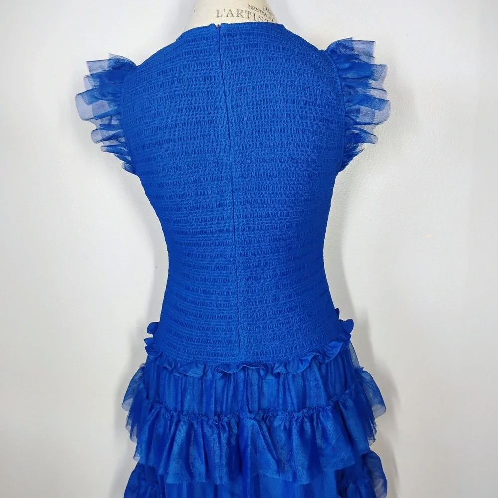 ME+EM Ethereal Tulle Shirred Midi Dress Womens 8 Royal Blue Tiered Wedding Party